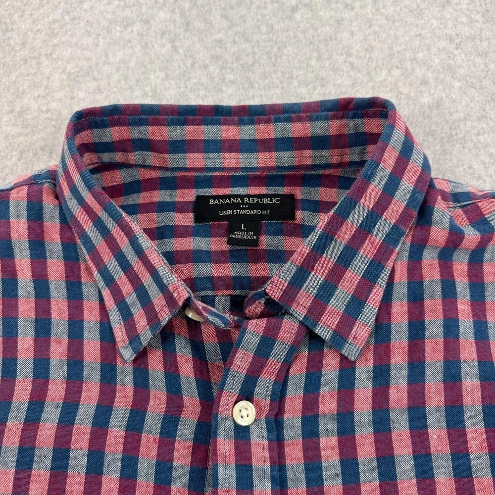Banana Republic Linen Shirt Mens Large Blue Red Check Standard Fit Button Down